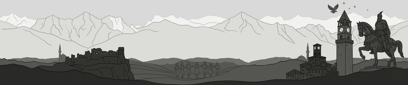 Albania skyline illustration: the Alps, Rozafa castle, folk dancers, Tirana clock tower and the Skanderbeg monument