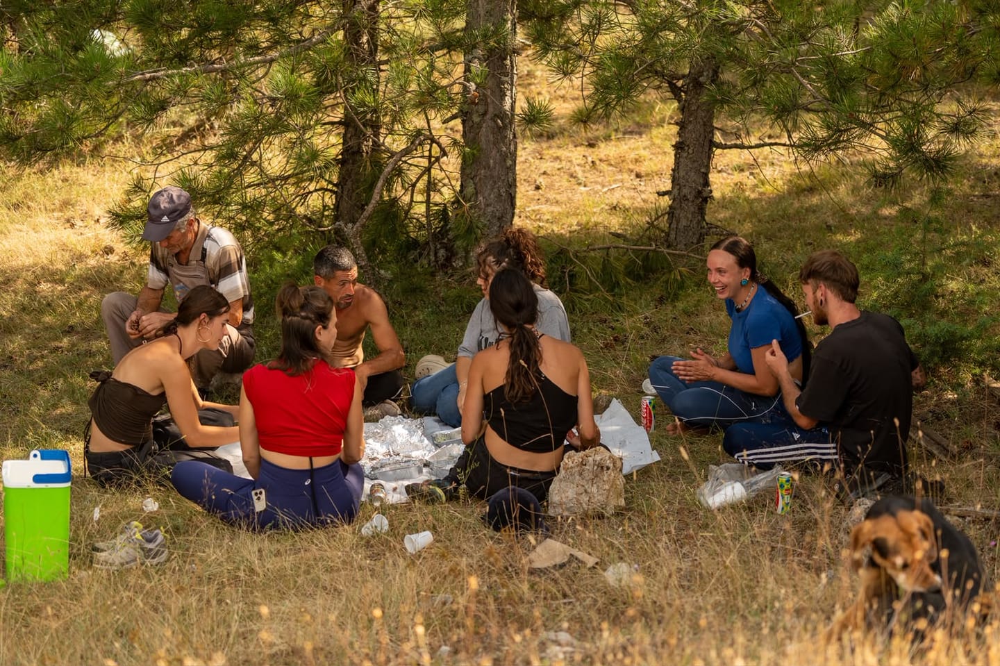 Riders sharing lunch in a pine forest