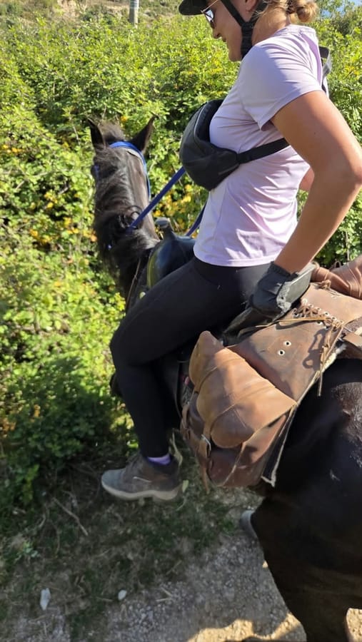 Close-up of a rider in the saddle with saddlebags