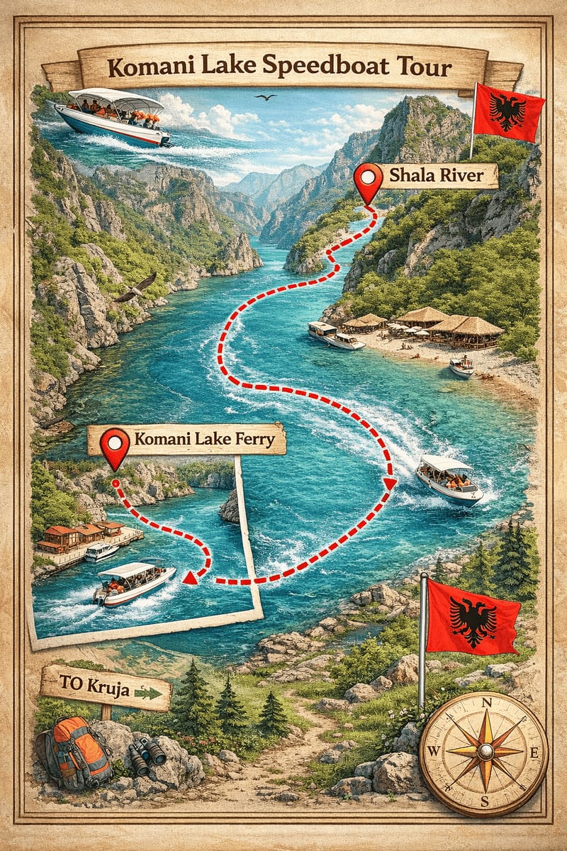 Speedboat Komani map, on the Speedboat Tour on Komani Lake and Shala River